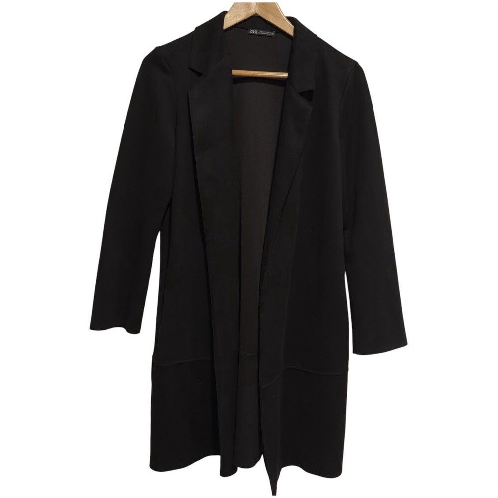 ZARA Black Open Front Long Sleeve Duster Coat Women's S Minimalist Pockets Soft